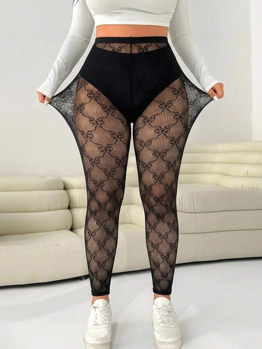 Solflare Plus Size Women's Bow Pattern Mesh Leggings - Black - View 1