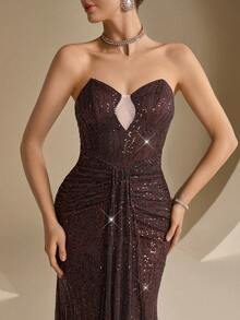Coutiva Women's Elegant Sequin Pleated Mermaid Formal Evening Gown,Heavily Embellished Strapless Bodycon Party Dress,Luxury High-End Wedding Graduation Dress - Brown - View 5