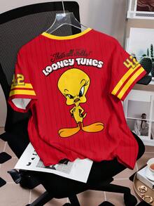LOONEY TUNES X SHEIN 女士休闲时尚街头可爱卡通字母条纹印花短袖T恤，夏季 - 白色 - 查看 2