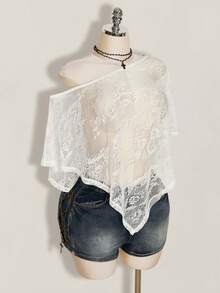 SHEIN ICON Women's Plus Size Asymmetrical Shoulder Batwing Sleeve Loose Lace Cover Up Top - White - View 7