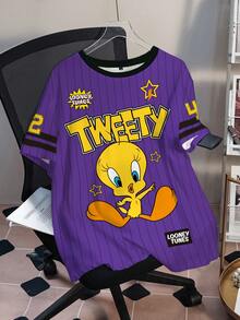 LOONEY TUNES X SHEIN 大码字母与卡通图案圆领短袖T恤 - 白色 - 查看 3