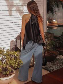 juhmazzocco Olive Green Satin Halter Neck Backless Loose Maxi Dress, Sexy A-Line Top Black Summer - Black - View 5