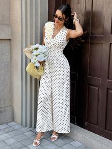 SHEIN Frenchy Women's Polka Dot Pattern Overlap V-Neck Sleeveless Elegant Jumpsuit - Multicolor - View 5