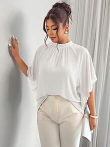 Elenzga Women's Plus Size Spring/Summer Round Neck Gathered Cuff Wavy Edge Design Loose Blouse - White - View 3