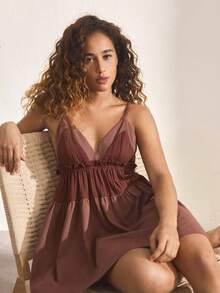 Ocili Bohemian Style Women's Contrast Color Ruffle Hem Camisole Nightgown Sleepwear Dress - Burgundy - View 3