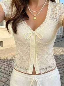INAWLY Women's Summer Fashion Lace Trim Faux Tie Ruffle Patchwork Design Short Sleeve T-Shirt Tea Party Cream Elegant Sequin - Apricot - View 1