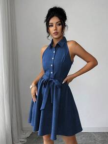 SHEIN Elenzya Sleeveless Shirt Collar Dress With Dual-Tone Linen-Like And Denim Effect, A-Line Silhouette, Elegant And Romantic Design, Suitable For Outdoor Wear - Dark Wash - View 5