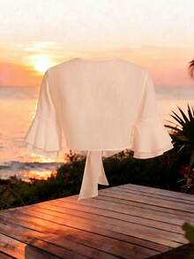 GlowEve Women's Solid Color Ruffle Sleeve Short Blouse - Apricot - View 2