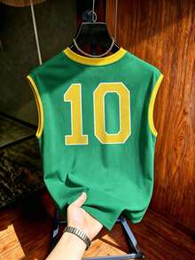 Manfinity Campus Court 男士復西隊足球背心，美國 BRASIL 10 印花無袖時尚運動上衣，夏季休閒運動背心，足球用品，度假 - 彩色 - 查看 2