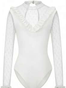 SHEIN Tween Girl Mesh Patchwork Long Sleeve Knit Jumpsuit, Suitable For Ballet Dance, Training Classes And Various Sports Exercise Occasions. - White - View 4