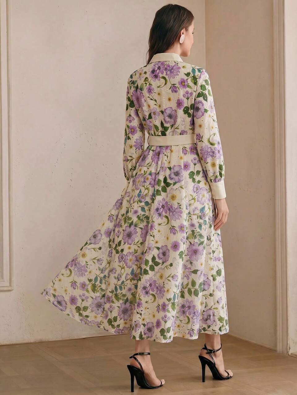 Anewsta Spring/Summer Elegant Purple Floral Print Beaded Collar Shirt-Style Cinched Cinched Waist-Front Long Dress For Women