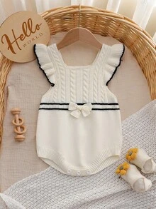 SHEIN Vintaside Kids 女嬰黑白格紋蝴蝶結飾邊荷葉邊針織短版連身褲，適合新生兒，可搭配長袖上衣與襪子，適穿春秋季 - 黑與白 - 查看 7