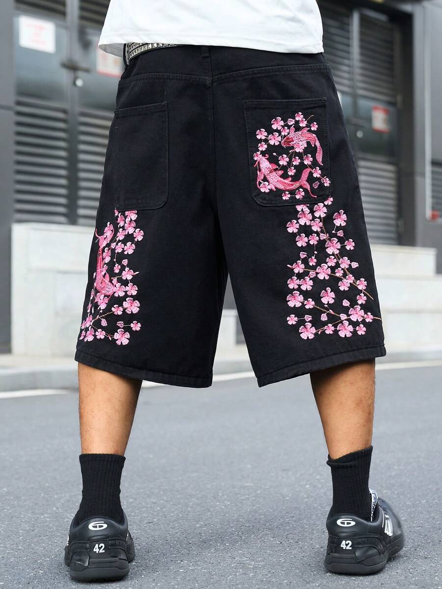 Manfinity EMRG 男士街頭風休閒刺繡黑色牛仔短褲 - 黑色 - 查看 1