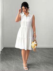 Elenzga Plus Size Summer Casual Solid Color Sleeveless Dress - White - View 8