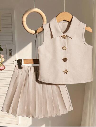 Souflis 2pcs/Set Girls' Energetic Apricot Textured Lapel Sleeveless Pleated Dress Set, Spring/Summer New Lightweight Comfortable Skin-Friendly Graduation Performance Birthday Party Wedding Season Preppy Style Youthful Fresh 2 Pieces Set