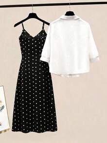 Velvienne Plus Size Woven Casual Polka Dot Summer Women's Two Pieces Set - Multicolor - View 2