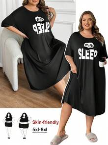 SHEIN CURVE+ Plus Size Women Round Neck Letter & Panda Print Casual Party Dress - Black - View 12