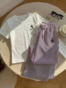 Comfortcana 2件組刺繡圓領短袖上衣與條紋印花長褲，休閒風 - 紫色 - 查看 6
