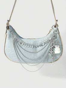 ROMWE Kawaii 1 Ins Creative Silver Note Multi-Layer Hollow Chain Star Pendant Cartoon Flocking Rabbit DIY Keychain Bag Pendant, Girls Wear Holiday Gifts Every Day - Silver - View 2