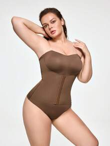 SHAPORA Plus Size Women's Shapewear Bodysuit, Waist & Abdomen Slimming, Bust Enhancing, Front Closure, Double Compression, Butt Lifting, Suitable For Outerwear, Single Piece - Brown - View 6