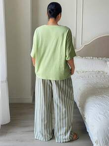 Dazy Plus 2pcs Set Printed Loose Short Sleeve T-Shirt & Striped Straight Leg Long Pajama Pants, Popular Green Color Sleepwear - Mint Green - View 6