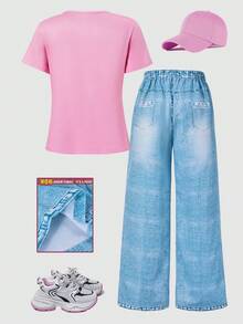 Genkimix Kids 粉藍對比色卡通印花兩件套，亮粉色短袖上衣配粉髮女孩與彩色英文字母圖案，搭配淺藍色寬腿長褲，同角色與星星塗鴉印花，一致印花主題打造協調造型，鮮豔配色活力十足，易於成套穿搭，適合各種休閒外出 - 粉色 - 查看 2