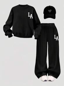 SHEIN 青少年女孩休閒「LA」字母印花針織素色寬鬆落肩長袖衛衣＋百褶寬腿運動褲套裝，女孩秋季服裝，女孩秋季穿搭，女孩冬季服裝 - 黑色 - 查看 8