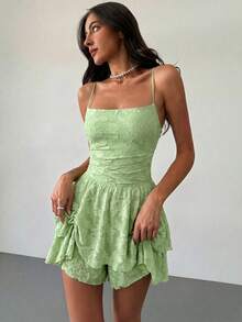 Aloruh Mono de mujer con tirantes finos, plisado, volantes en el bajo y recortes de moda - Verde Oliva - Ver 8