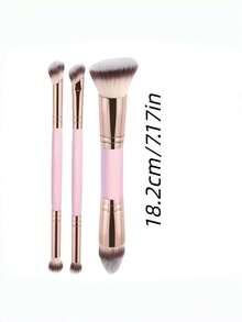 3 pièces Ensemble de pinceaux de maquillage à double extrémité, pinceau kabuki incliné pour le blush et la poudre, outil de beauté quotidien pour femmes - Or rose - Voir 6
