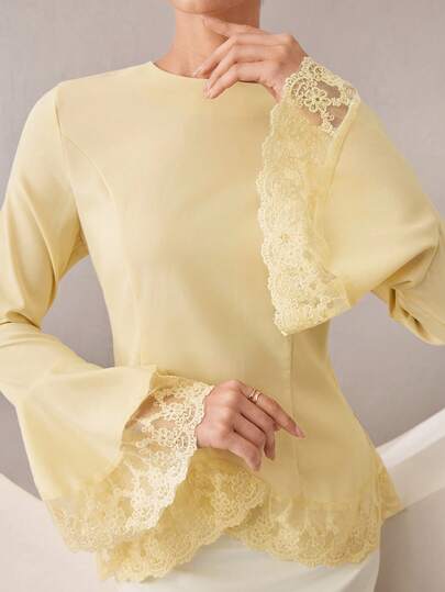 Graceveil Women's Apricot Bell Sleeve Lace Patchwork Waist-Cinching Criss-Cross Asymmetrical Hem Shirt