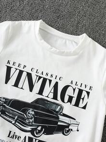 SHEIN 2er Set Kinder Lässig Vielseitig Bequem Amerikanisches Vintage Auto Muster Rundhals Lockerer Pullover Kurzarm Strick T-Shirt & Denim Shorts Set, Geeignet für Sommer - Verschiedenfarbig - Übersicht 5