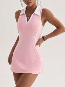 CourtClass 2pcs Spring/Summer Women's Sports Dress, Pink Colorblock Polo Collar Sleeveless Front Colorblock Stripe Split Back Racerback Design, Separate Lining Shorts And Pockets, Suitable For Daily Casual, Running, Yoga, Gym, Tennis, Golf - Pink - View 6
