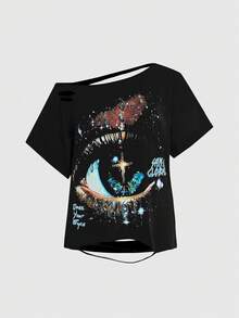 ROMWE Grunge Punk 大尺碼女款不對稱肩設計眼睛圖案休閒百搭日常穿搭T恤 - 黑色 - 查看 1