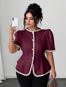 SHEIN Clasi 大尺碼女款波浪飾邊短澎澎袖單排扣襯衫 - 酒紅色 - 查看 1