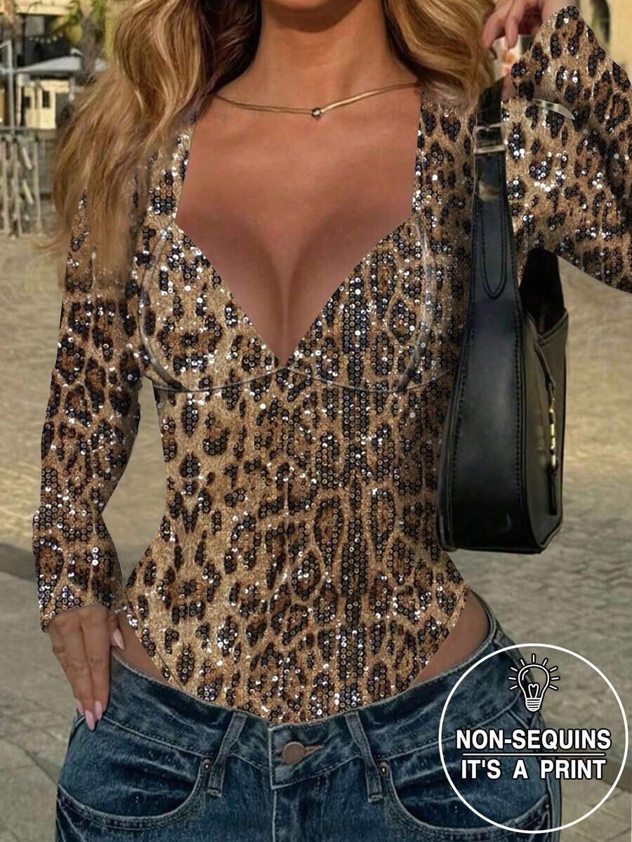 SHEIN 女士时尚性感豹纹亮片连体衣 - 咖啡棕 - 查看 1