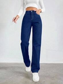 EURMUSE Jeans de pierna recta con bolsillos inclinados 100% de algodón - Azul Marino - Ver 4