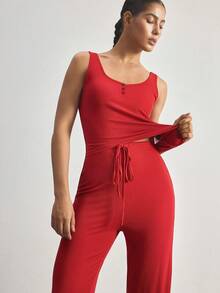 Ocili Set Piyama Tanpa Lengan Minimalis Nyaman dengan Kancing Motif Kerang, Warna Pink Muda untuk Wanita - Merah - View 4