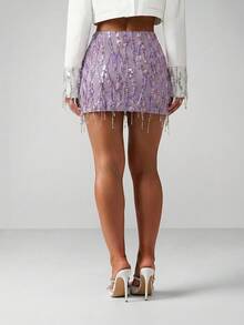 MISSGUIDED 亮片流苏迷你裙派对夜店节日装饰紧身闪亮晚礼服裙 - 紫色 - 查看 2
