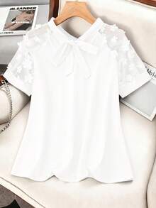 GlowEve CURVE Plus Size Women's 3D Floral Embellished Beaded Short Sleeve Round Neck T-Shirt - White - View 2