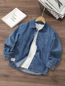 Tween Boy Denim Shirt With Pockets, Printed Letter Small Logo, Washed Casual Fashion Versatile Street Style Cool Back To School Season Autumn Fall - Light Wash - View 1