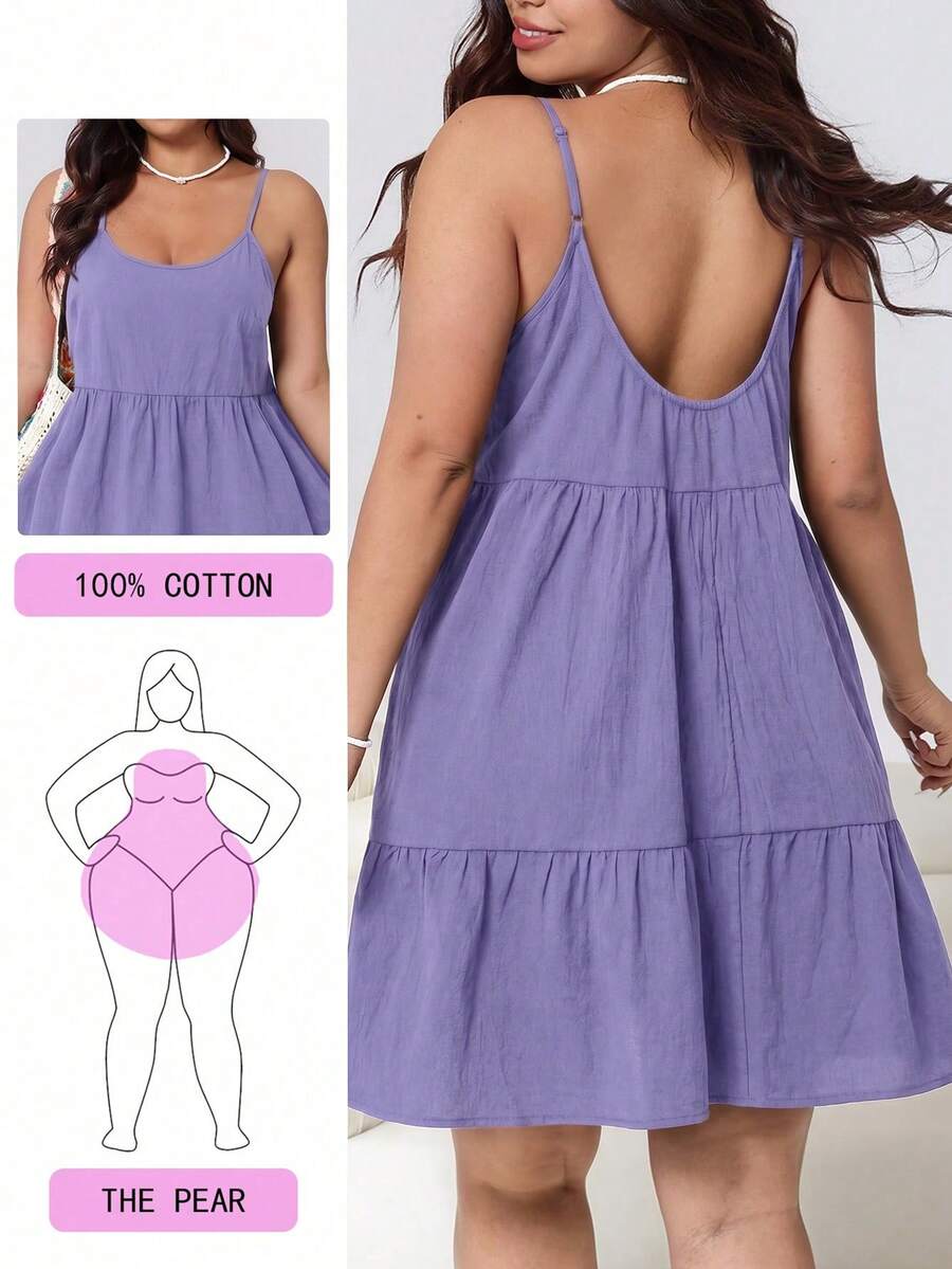 Solflare Gaun Wanita Ukuran Plus Warna Lilac untuk Musim Semi/Panas dengan Tali Bahu Tipis - Lilac Purple - View 1