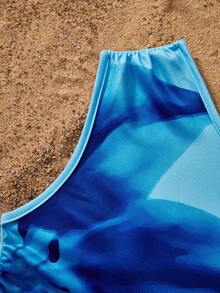 Girls' Sweet Gradient Set, Asymmetric Shoulder Sleeveless Cropped Top With Ruched Waist Design To Fit And Shape The Body, Double-Layer Ruffle Cake Mini Skirt For A Lively And Playful Look. Deep Blue To Light Blue Gradient Tie Dye With Large Floral Print For A Full Atmosphere. Suitable For Parties, Outings And Travel, Easily Create A Gentle And Sparkling Look. - Multicolor - View 4