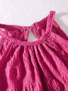 SHEIN Vintaside Kids 女童休閒簡約時尚日常圓領掛脖無袖短版純色紋理面料客製化綠色夏季背心彈性腰鬆款長休閒長褲背心套裝女童開學穿搭夏季出遊度假服 - 玫紅色 - 查看 5