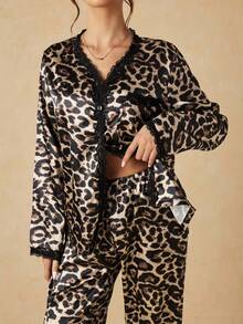 HautHeat Women's Leopard Print Lace Trim Top And Long Pants Pajama Set - Coffee Brown - View 5