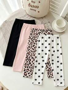 4pcs Girls Korean Style Slim Fit Leggings, Digital Print Heart Leopard Print Solid Color Multi-Print Elastic Waist Thin Tight Pants, Suitable For Daily Wear, Layering, Spring, Summer And Early Autumn - Multicolor - View 3