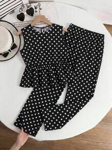 SHEIN Teen Girl Polka Dot Print Ruffle Hem Tank Top And Pants Set - Multicolor - View 8