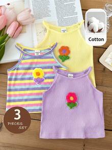 SHEIN LMoss Kids Conjunto de 3 piezas para bebé niña, top de punto color liso con patchwork floral 3D y rayas - Púrpura malva - Ver 4