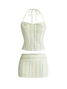 Sweetness Sexy Girl Casual Yellow Striped Halter Neck Crop Top And High Waist A-Line Mini Skirt 2 Pieces Set - Light Yellow - View 1