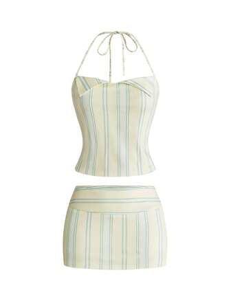 Completo casual da donna composto da top corto a collo alto a righe gialle e minigonna a vita alta a-line, set da 2 pezzi sexy