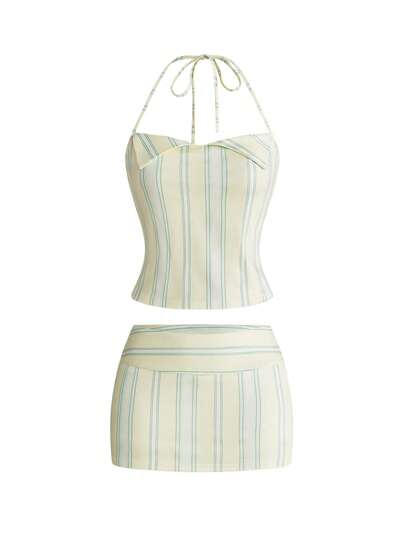 Completo casual da donna composto da top corto a collo alto a righe gialle e minigonna a vita alta a-line, set da 2 pezzi sexy